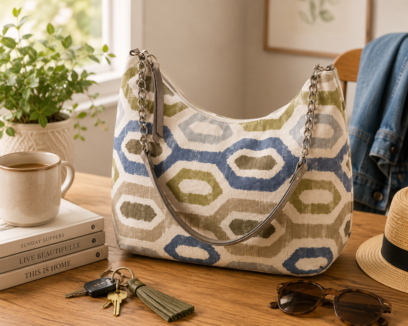 Patterned handbag on a wooden surface with coffee, books, keys, and sunglasses.