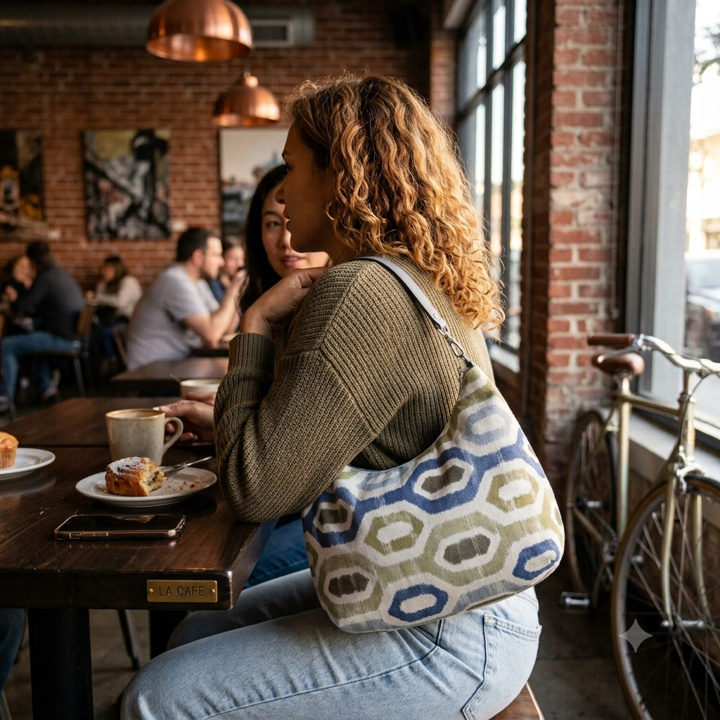 Two women sitting at a table in a cozy cafe with a brick wall and bicycle outside.