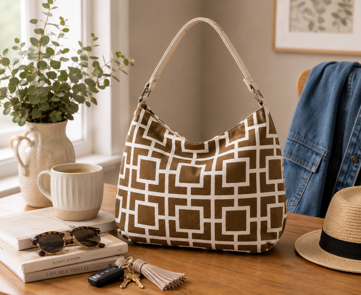 Brown and white patterned handbag on a wooden surface with books, sunglasses, keys, and a cup.