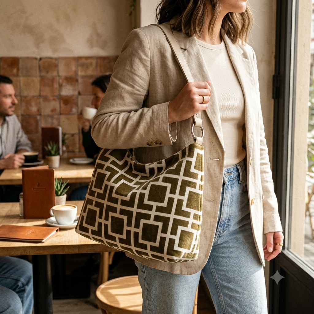Woman holding a geometric patterned bag in a cafe setting