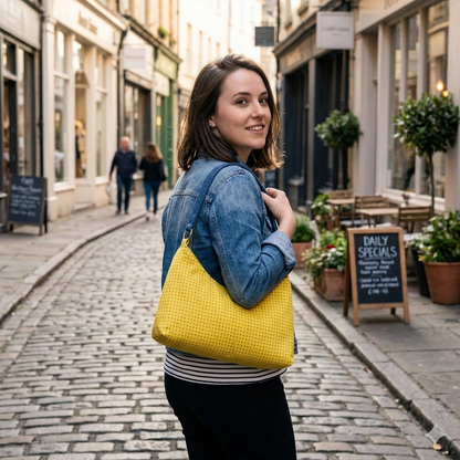 Woman holding a yellow bag on a city street with shops and outdoor seating.
