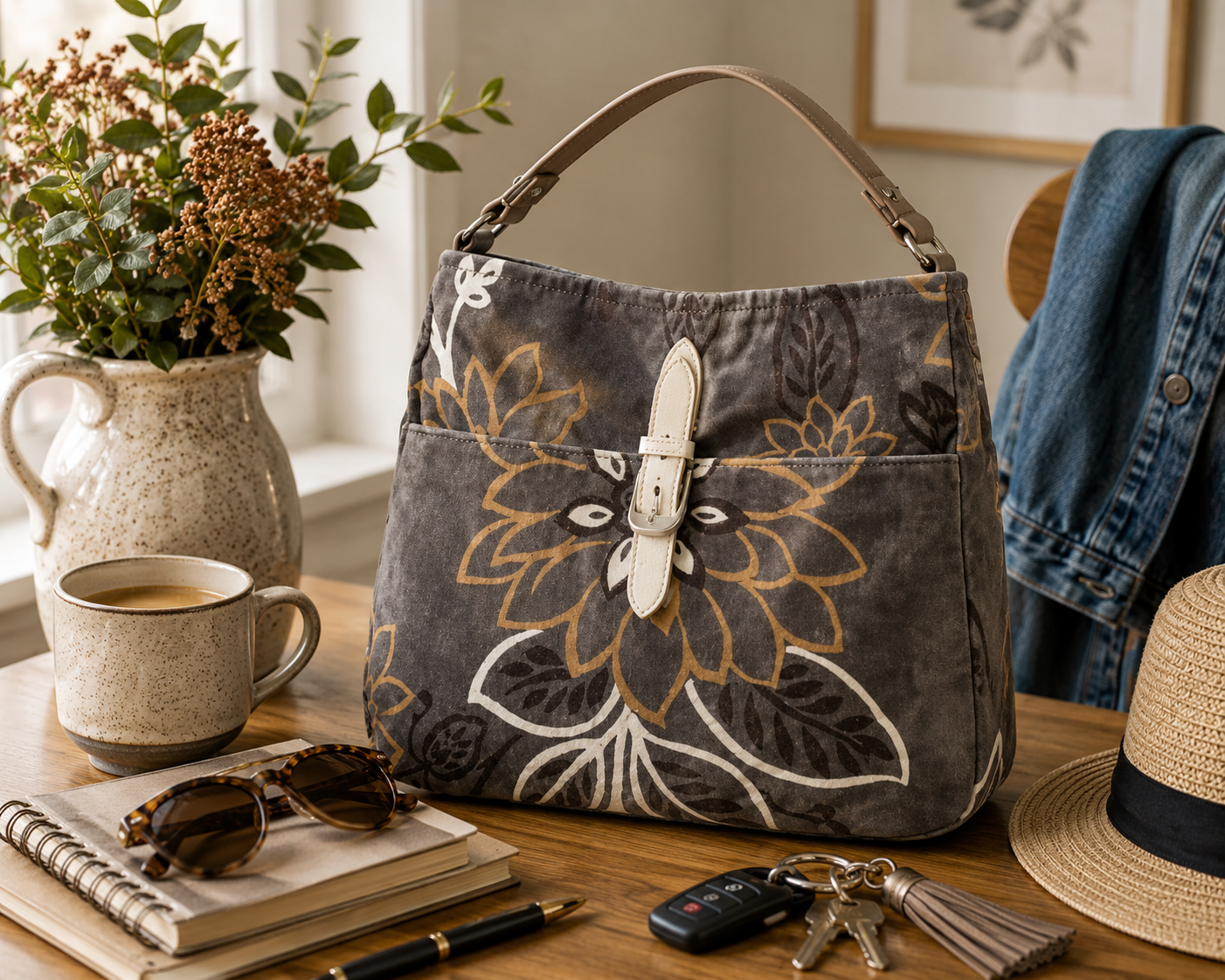 Floral patterned bag on a wooden surface with plants, a mug, keys and books.
