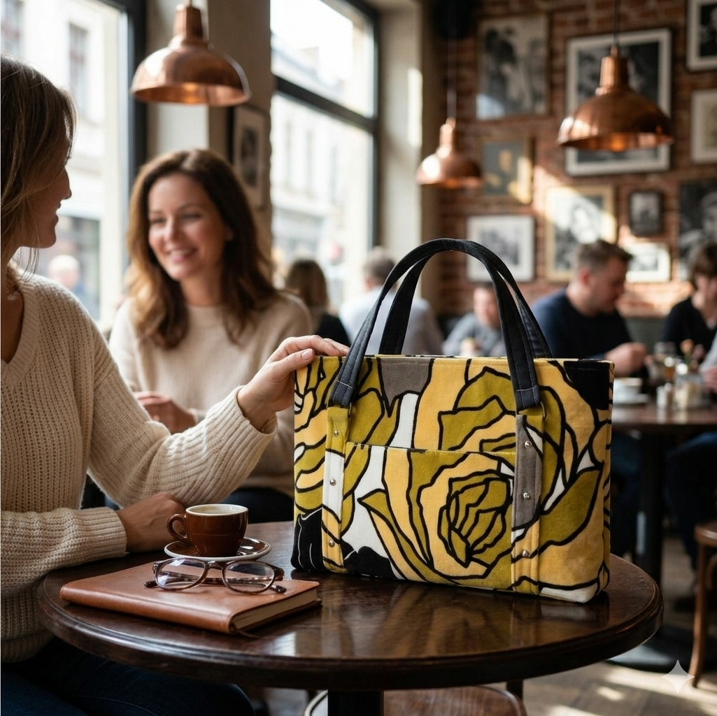 Woman holding a handbag with floral design in a cafe setting