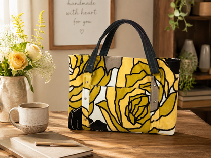 Yellow floral handbag on a wooden surface with a cup and notebook