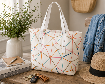 Tote bag with geometric pattern on a wooden surface with a plant and books in the background