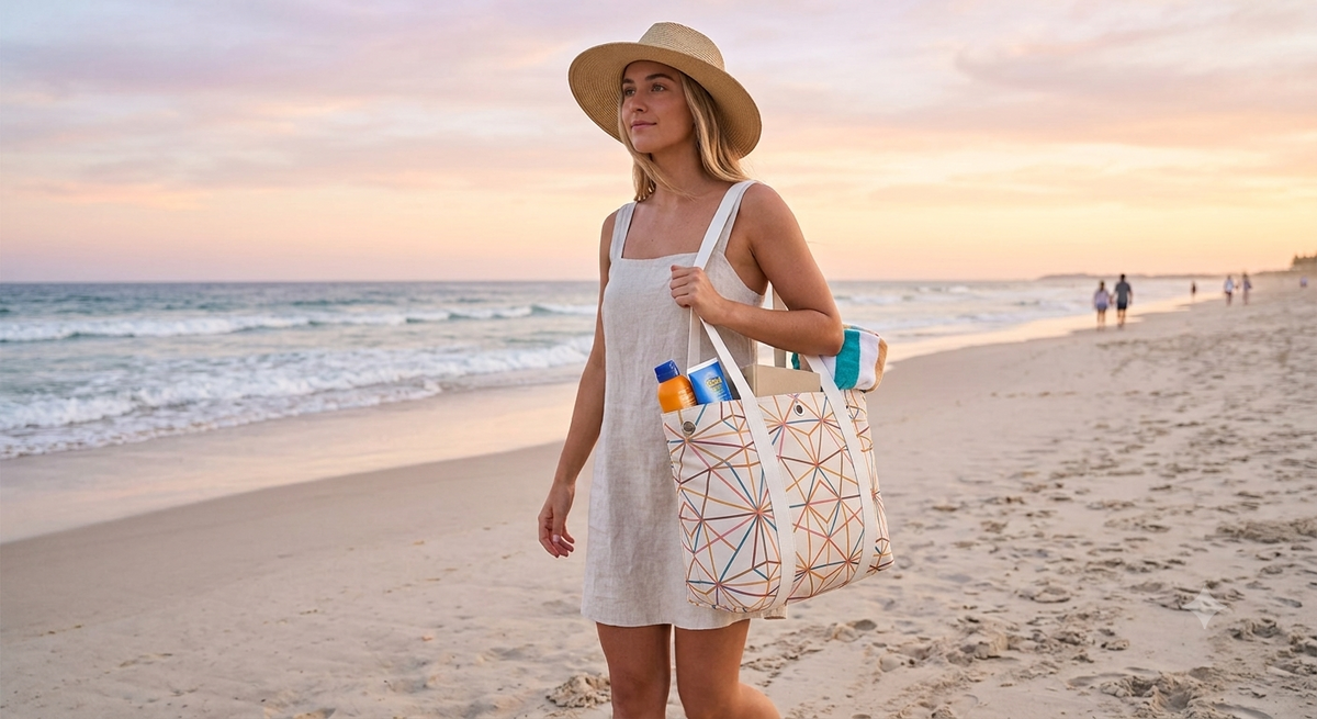 Woman on a beach holding a tote bag with a sunset in the background