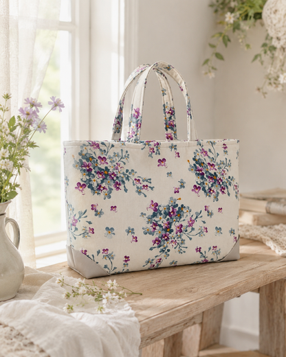 Floral tote bag on a wooden surface with a light background
