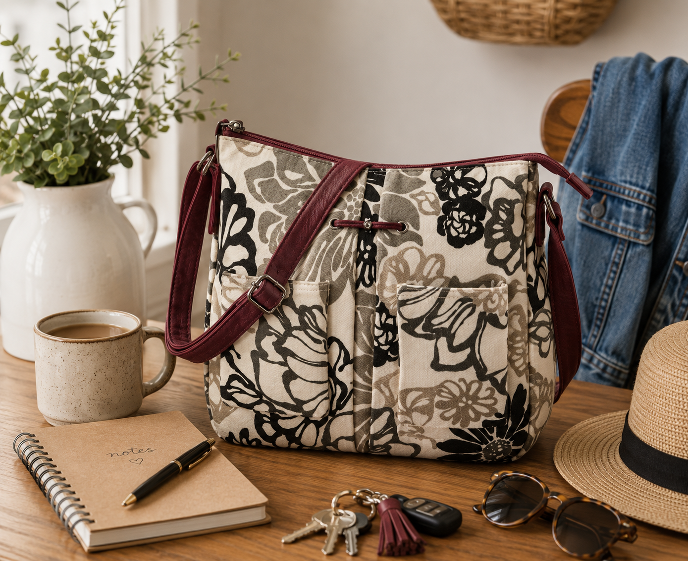 Floral-patterned handbag on a wooden surface with a cup, notebook, keys, and sunglasses.