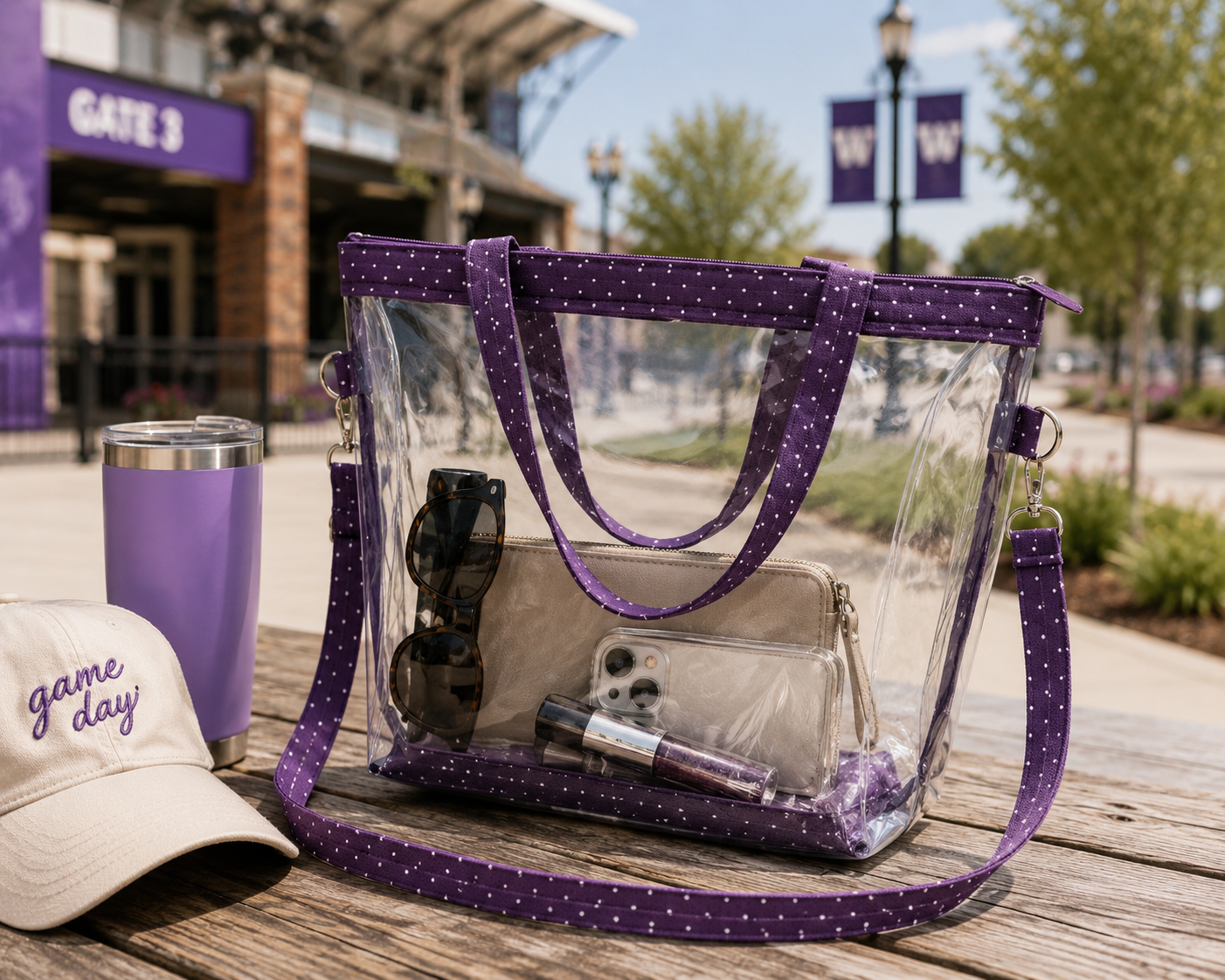 Clear bag with purple polka dot handles, tumbler, phone, and cap on a wooden surface outdoors.