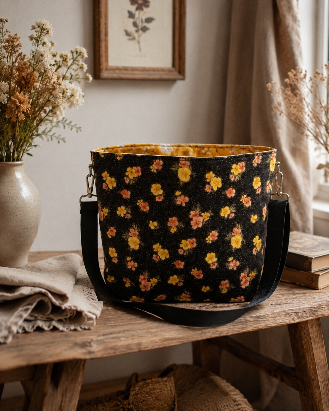 Floral-patterned bag on a wooden table with a vase of flowers and books in the background.