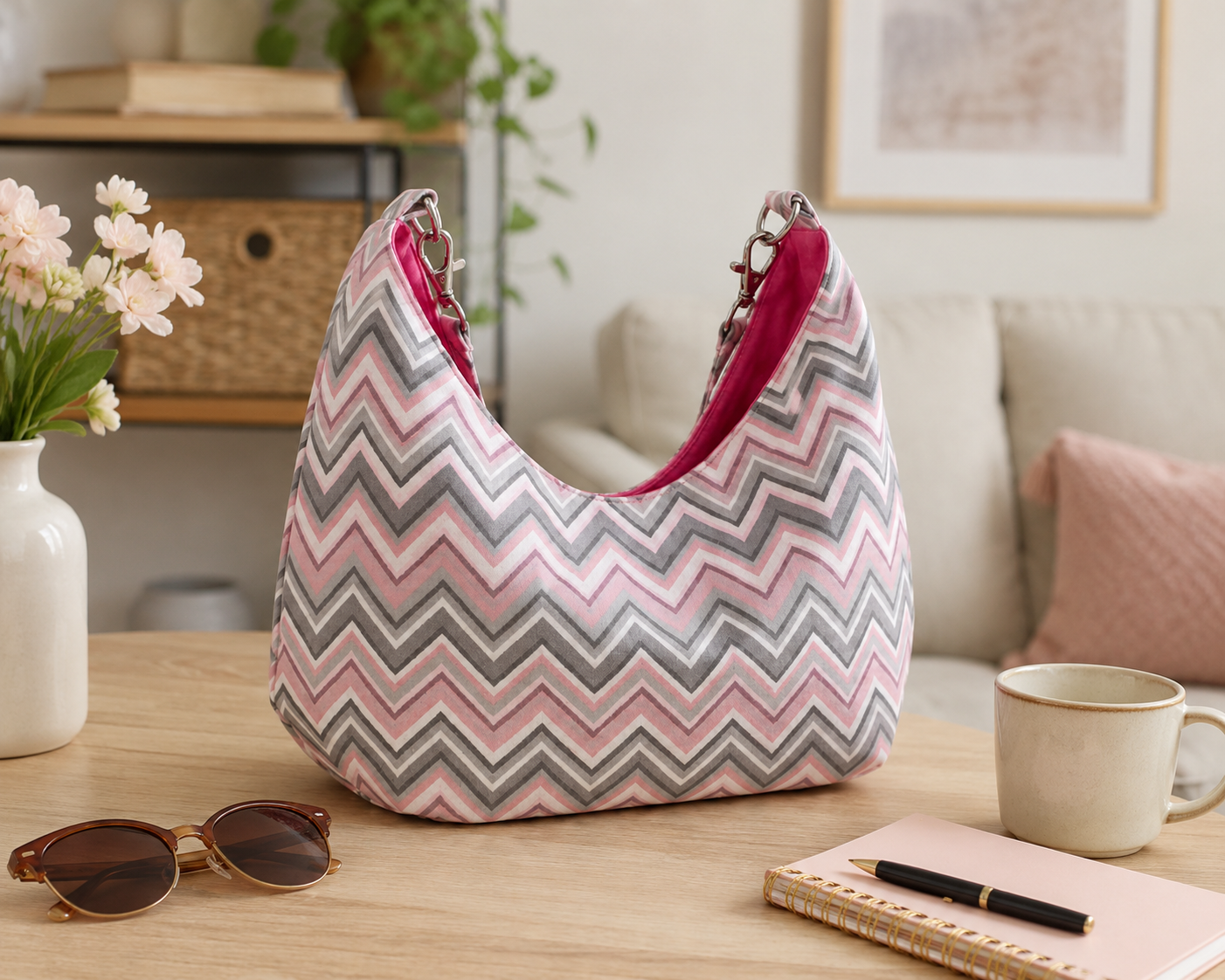 Pink and gray zigzag handbag on a wooden table with a cup, notebook, and sunglasses.
