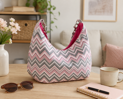 Pink and gray zigzag handbag on a wooden table with a cup, notebook, and sunglasses.