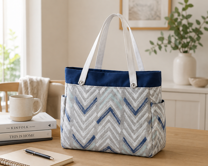 Tote bag with chevron pattern on a wooden table in a home setting