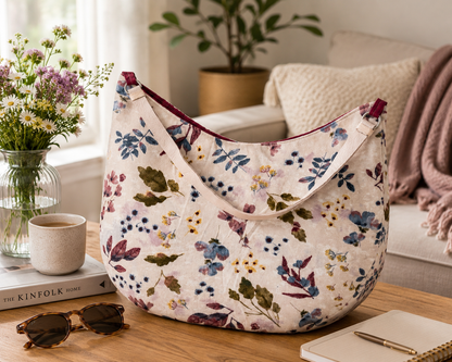 Floral-patterned bag on a table with a cozy living room background