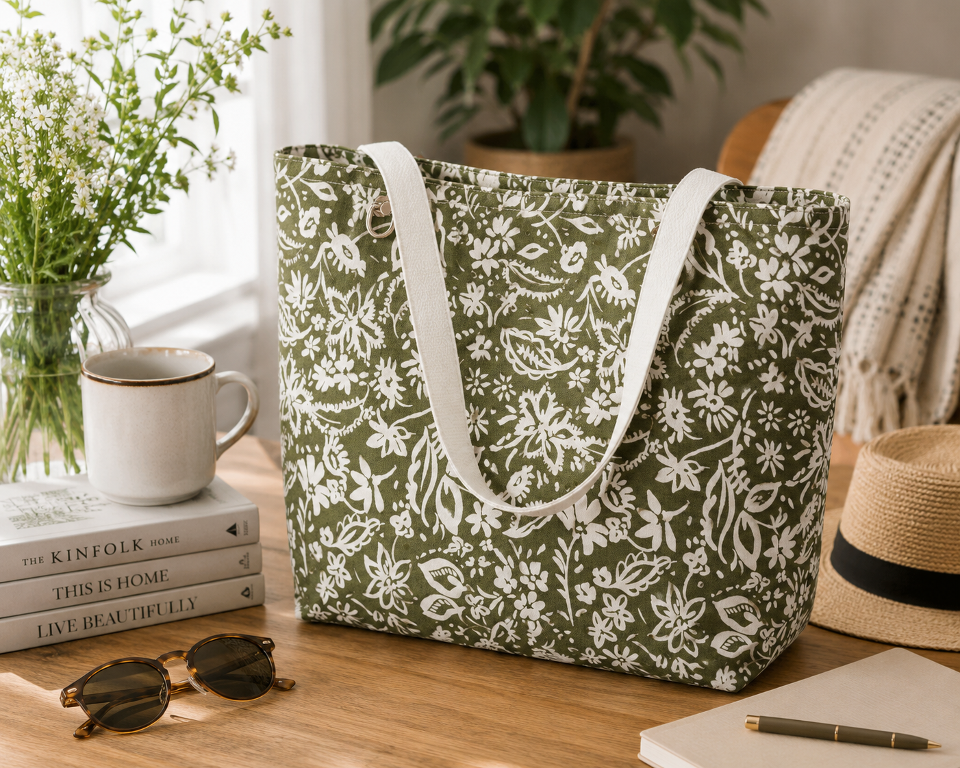 Green tote bag with white floral pattern on a wooden surface with a cup, sunglasses, and books.