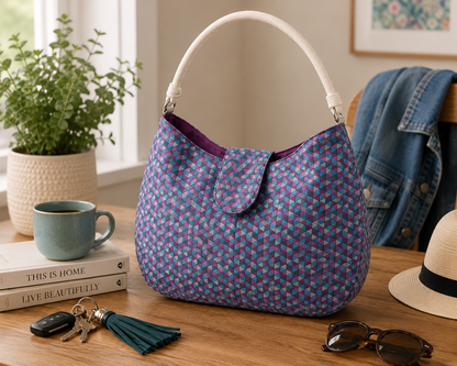 Purple patterned handbag on a wooden surface with a cup, keys, and sunglasses.
