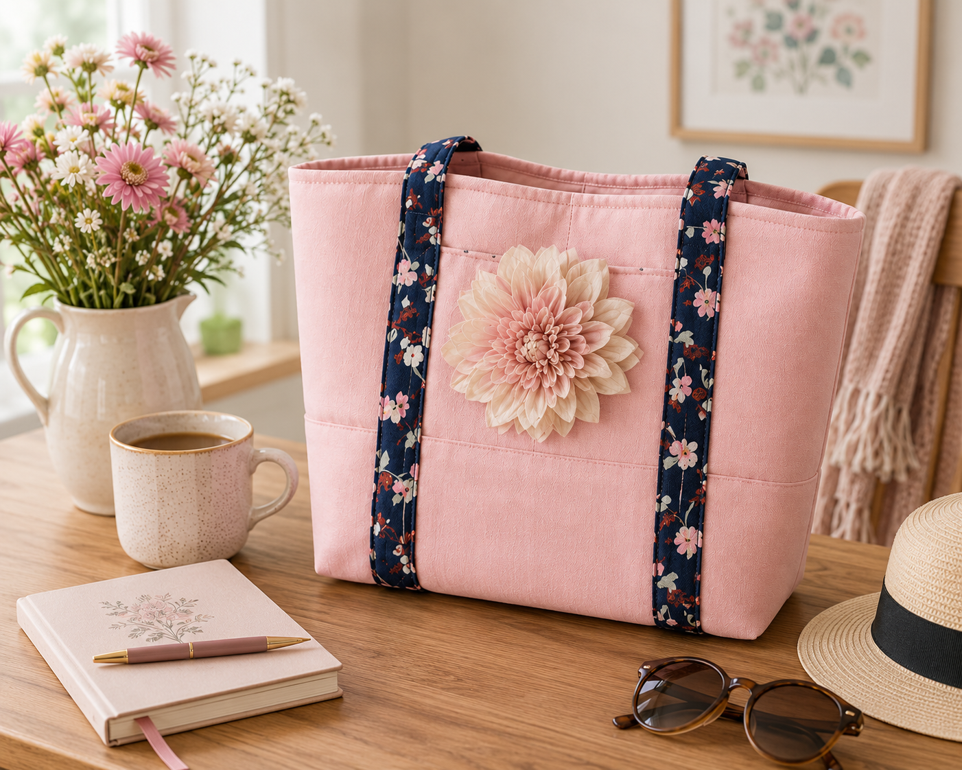 Pink tote bag with floral straps on a wooden table with a cup, notebook, and hat.