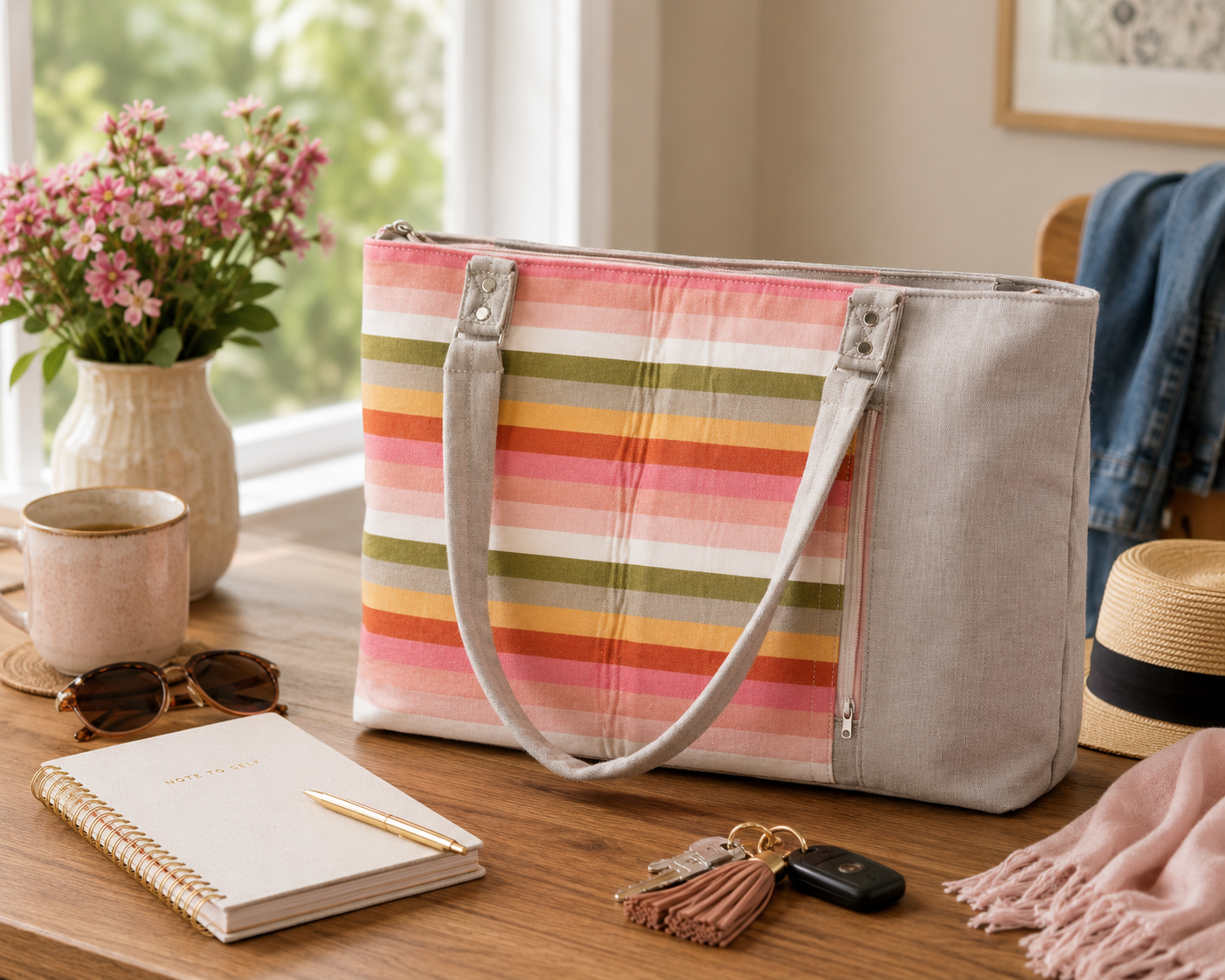 Striped tote bag on a table with a notebook, coffee cup, and sunglasses.